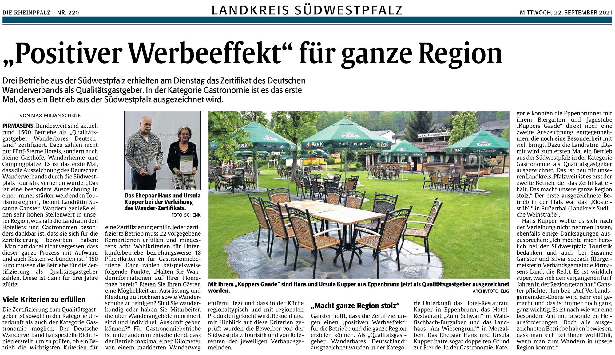 Hotel Kupper Eppenbrunn Biergarten Wandern Pirmasenser Zeitung Auszeichnung Qualitätsgastgeber